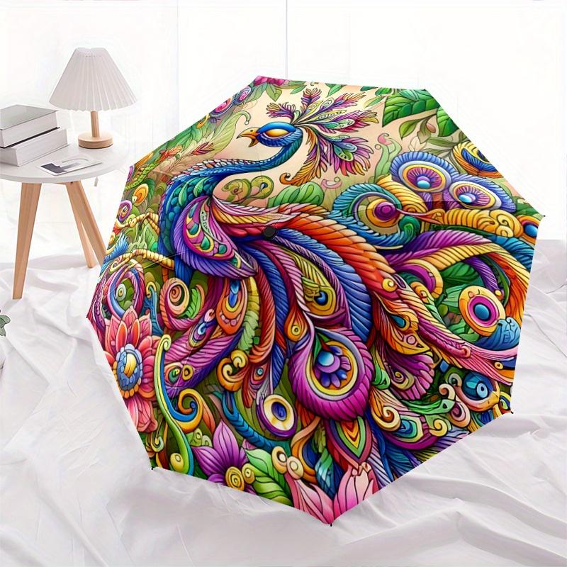 1pc Colorful Peacock amidst Lush Flowers Automatic Opening and Closing Umbrella - Suitable for Various Occasions, Outdoor Activities, Lightweight