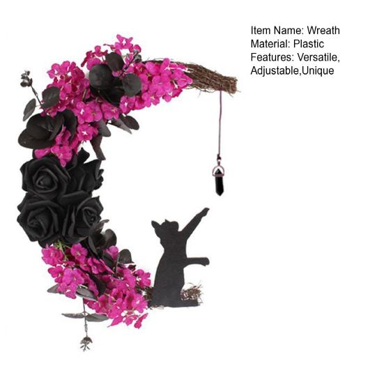 Halloween Wreath for Front Door Black Cat Moonlight Garland LED Lights Door Decor with Purple Flowers Indoor Outdoor Spooky Party Decoration