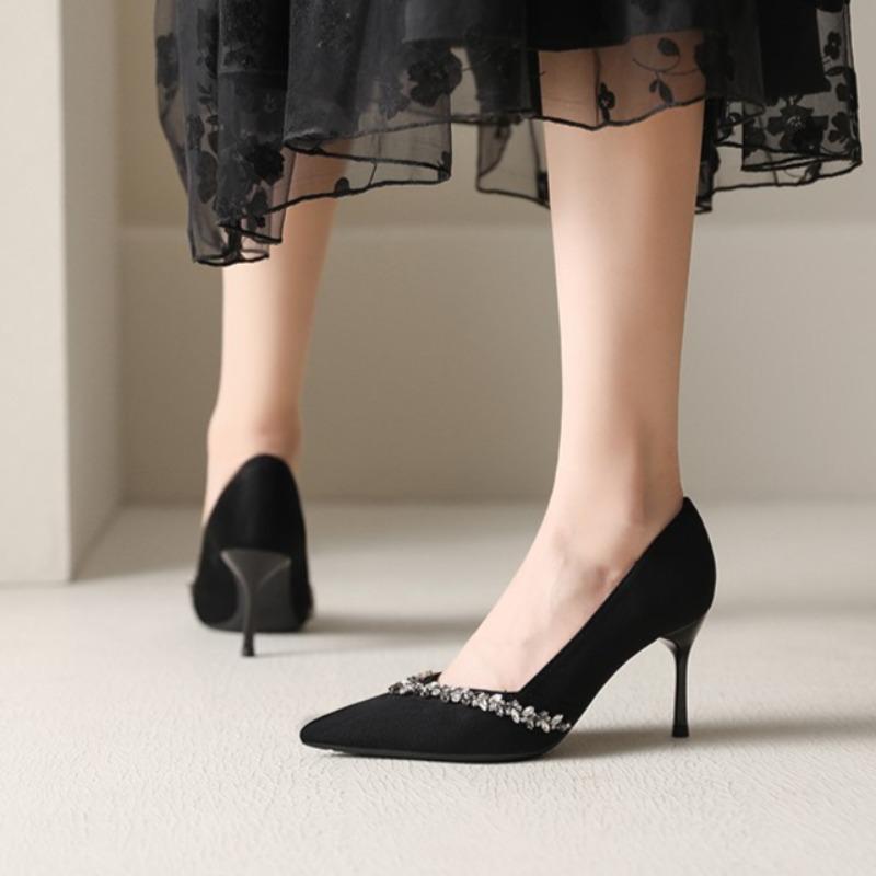 Women's Thin Heel Shoes Autumn New Pointed Head Shallow Mouth Crystal Anti-slip Wear-resistant Slip-on High Heels