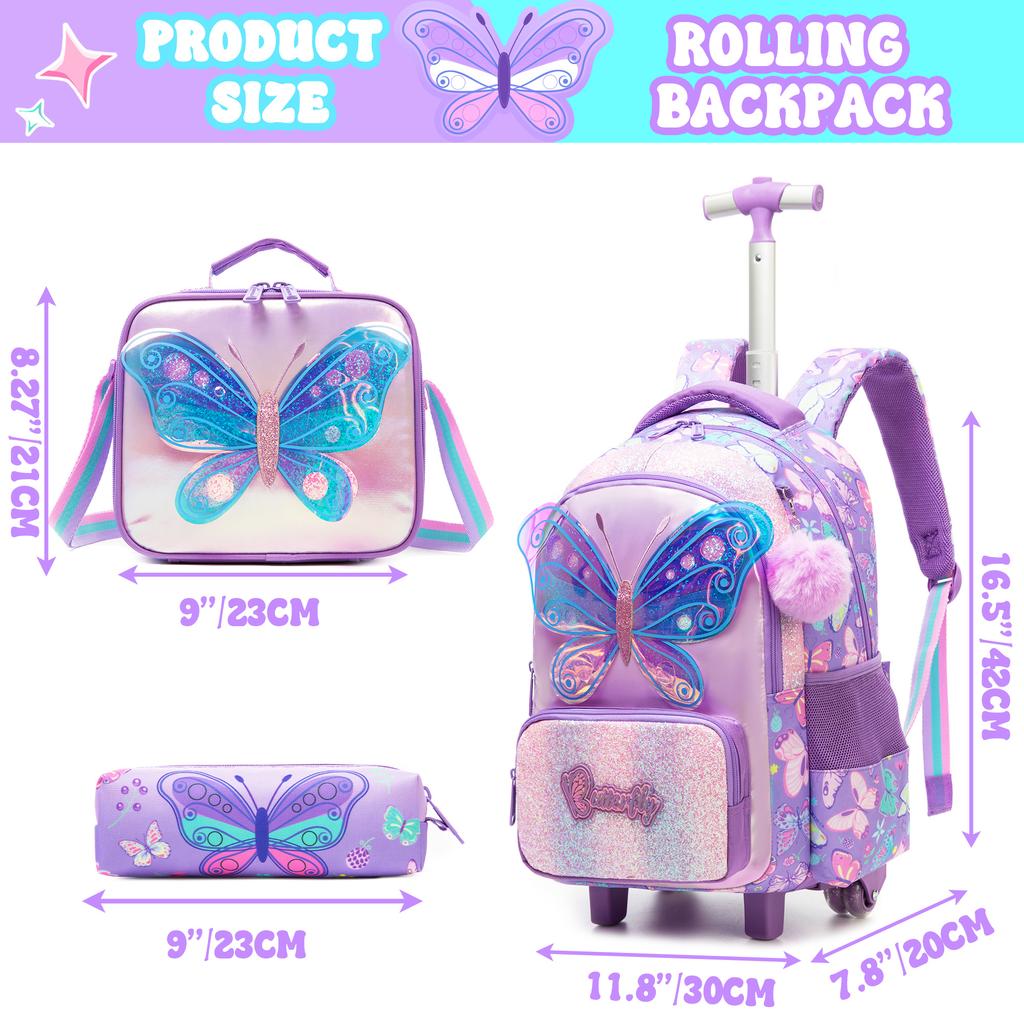 Mädchen Rollrucksack mit Rädern für Kinder Schulkoffer Roller Rucksack Handgepäck Reisegepäck mit Brotdose und Federmäppchen für Mädchen im Alter von 5-12 Jahren