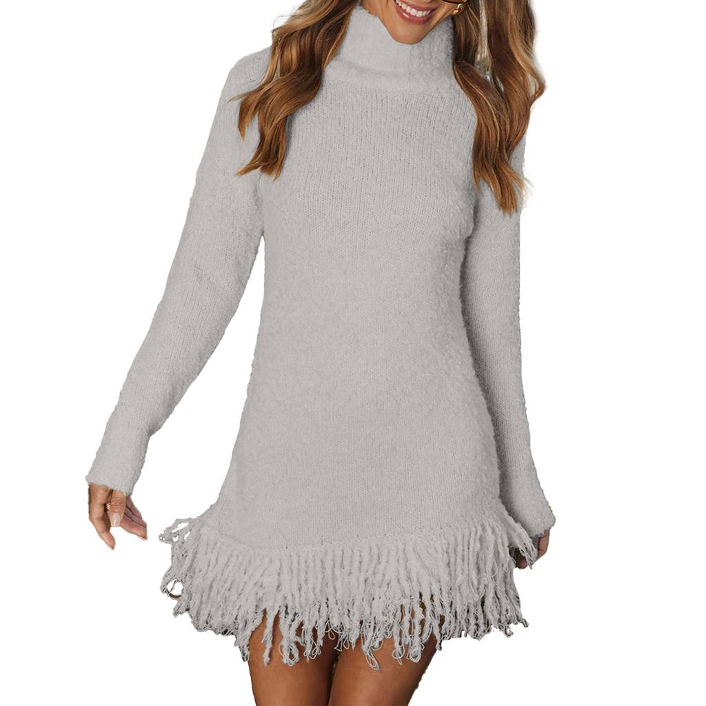 Women's Fringed Fashionable Knitted Sweater High-neck Sweater Dress