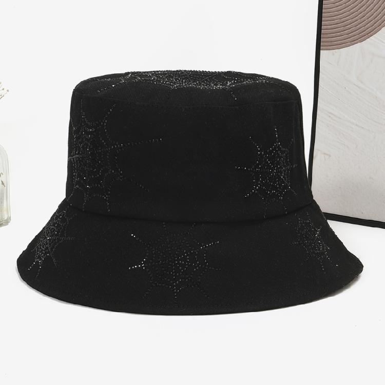 Rhinestones Spiders Web Patterned Fisherman Hat Protective Lightweight Polyester Wide Bill Hat for Women