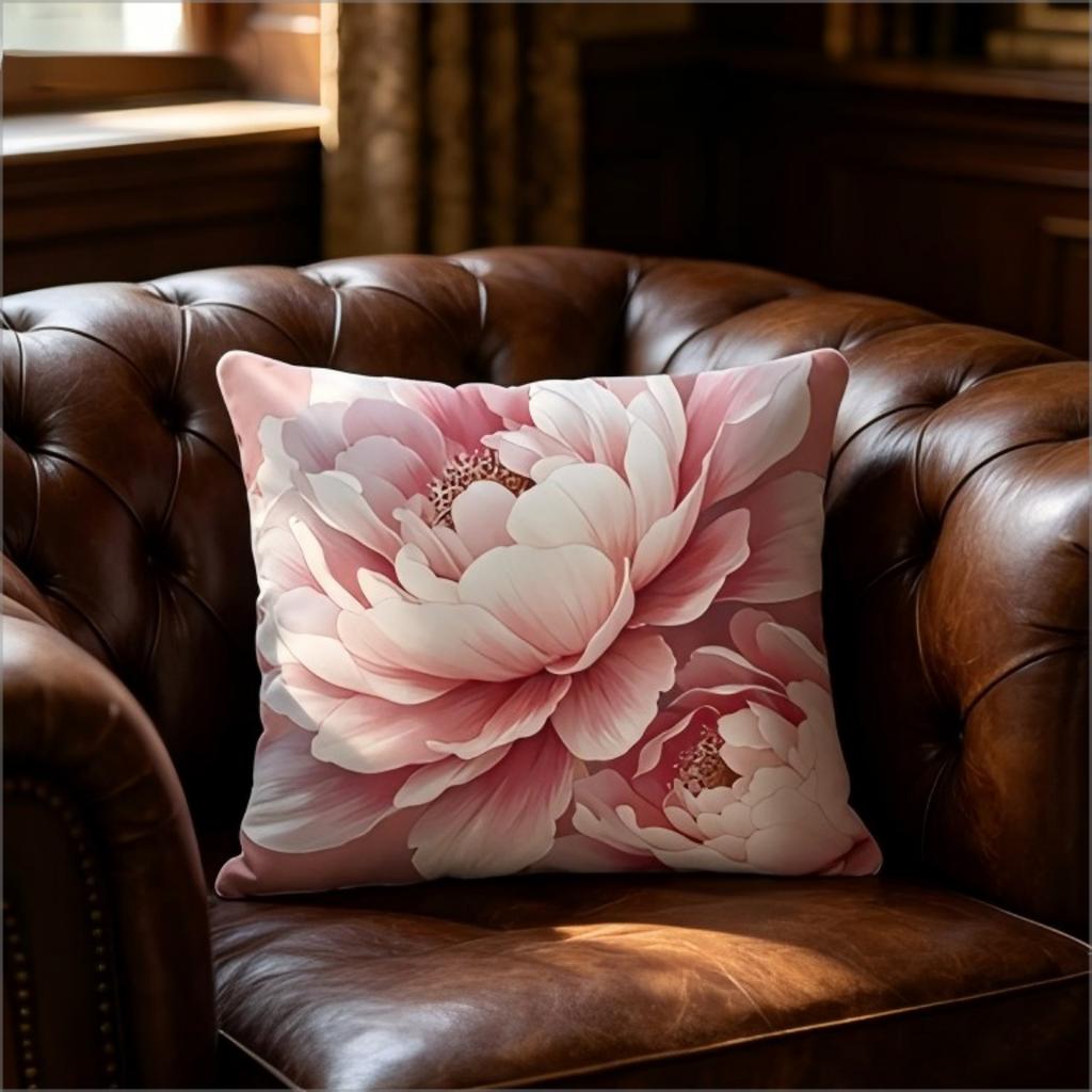 Soft Pink Peony Flower Throw Pillow Cover, 2D Effect Blooming Floral Print Decorative Cushion For Living Room Bedroom Sofa Couch