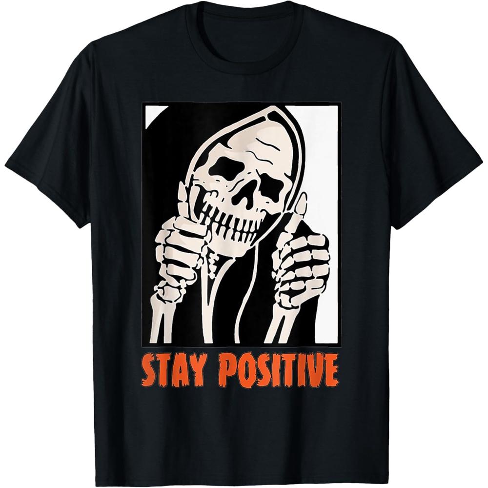 Funny Skeleton Stay Positive Halloween Costume Men Women Cotton Men T Shirt S чёрный