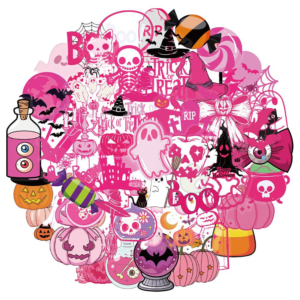 

50 Creative Pink Halloween Transparent PET Stickers for Water Bottles & Phone Cases (50 Sheets) No