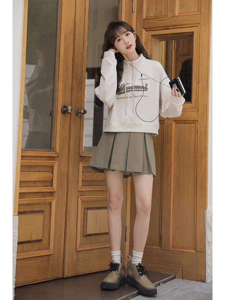 Europäischer Stil Übergröße High Waist Sweatshirt für Damen - 2025 Frühling/Herbst Kollektion: Lockere Passform, Schlankmachend, Stehkragen, Kurzes Oberteil