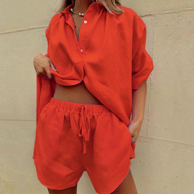 Summer Women's Solid Color Single-breasted Short-sleeved Shirt Two-piece Wide-leg Pants  Shorts