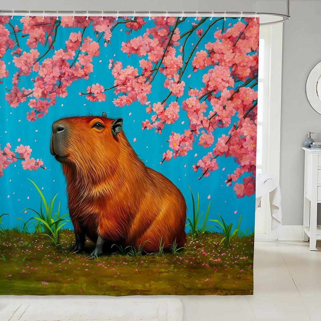Kids Cute Capybara Shower Curtain for Bathroom Decor Japanese Cherry Blossoms Flowers Bath Curtain for Boys Girls Teens Cartoon