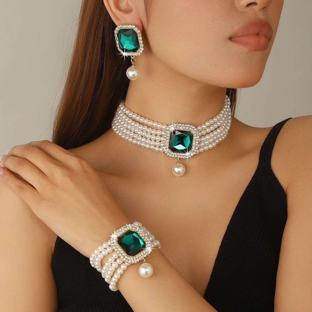 3Pcs/set Short Style Women S Fashion Jewelry Set Imitation Pearl Rhinestone Jewelry Set Party зелёный