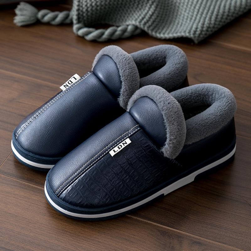Women's & Men's Waterproof Leather Cotton Slippers for Autumn/Winter 2025 - Indoor/Outdoor, Non-Slip, Heel-Covering Design.