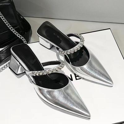 Spring and Summer Nude Fairy Style Patent Leather Pointed Half Slippers Women Wear French Temperament Thick Heel Cool Slippers