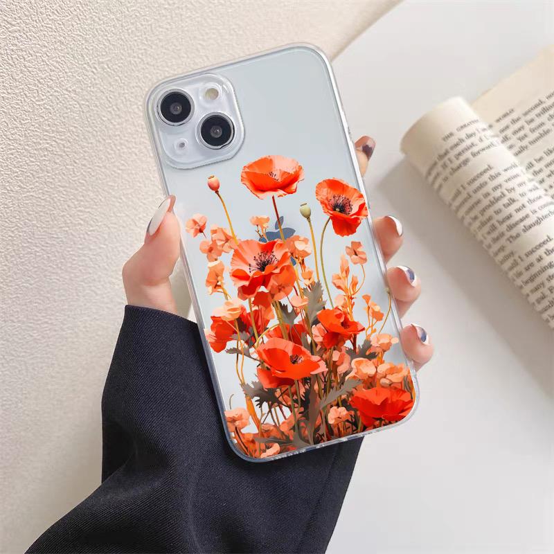 Poppy Flower Bloom Hot Red Clear Case For iPhone 15 11 14 Pro Max 12 13 Pro Max Mini XS X XR SE 2020 7 8 Plus Transparent Cover