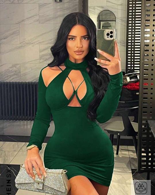 European and American New Sexy Spice Girls Style Waist and Thin Design Sense Hip-wrapped Short Long-sleeved Hollow Dress