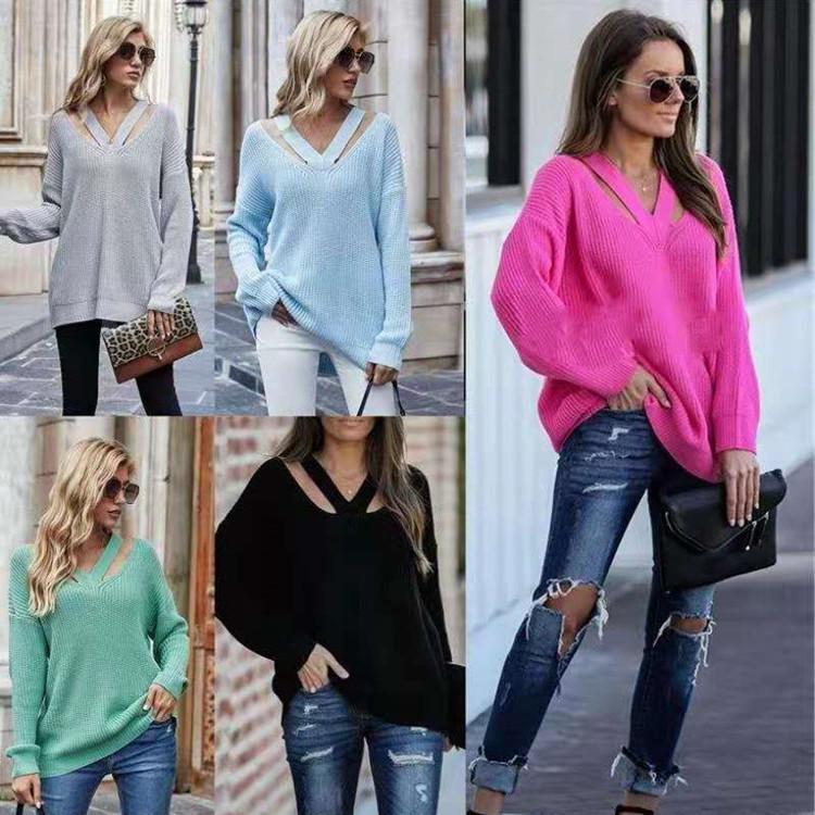 Autumn Winter Solid Colour Knit Pullover Loose Fit Plus Size Elegant Commuter Double V Neck Sweater for Women Luxurious Relaxed Versatile Top