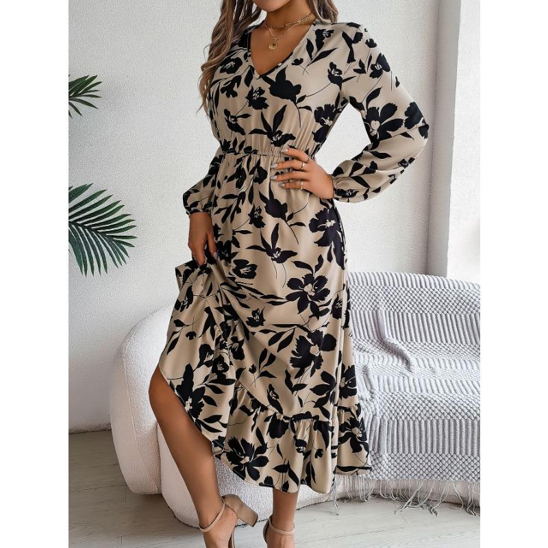 Women's Autumn/winter Casual Flower Waist Tucked Long Sleeve Ruffled Dress