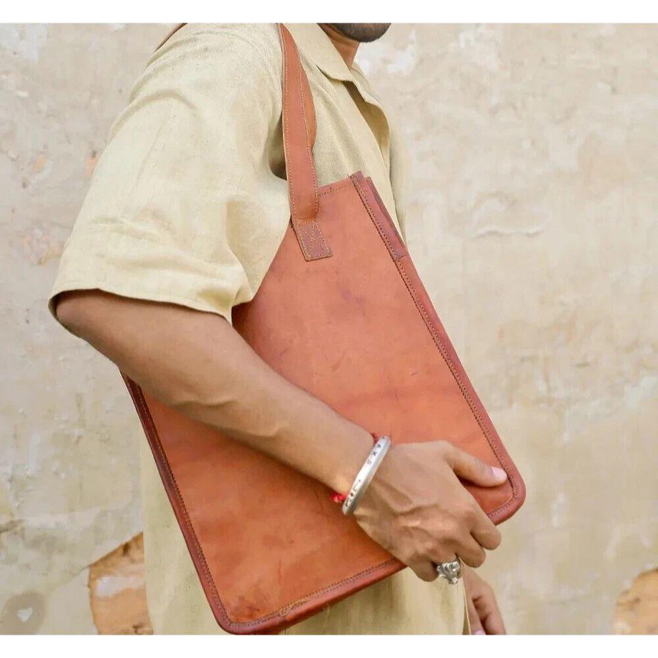 

New Women Vintage Looking Genuine Brown Leather Tote Shoulder Handmade Purse 14 x 14 in