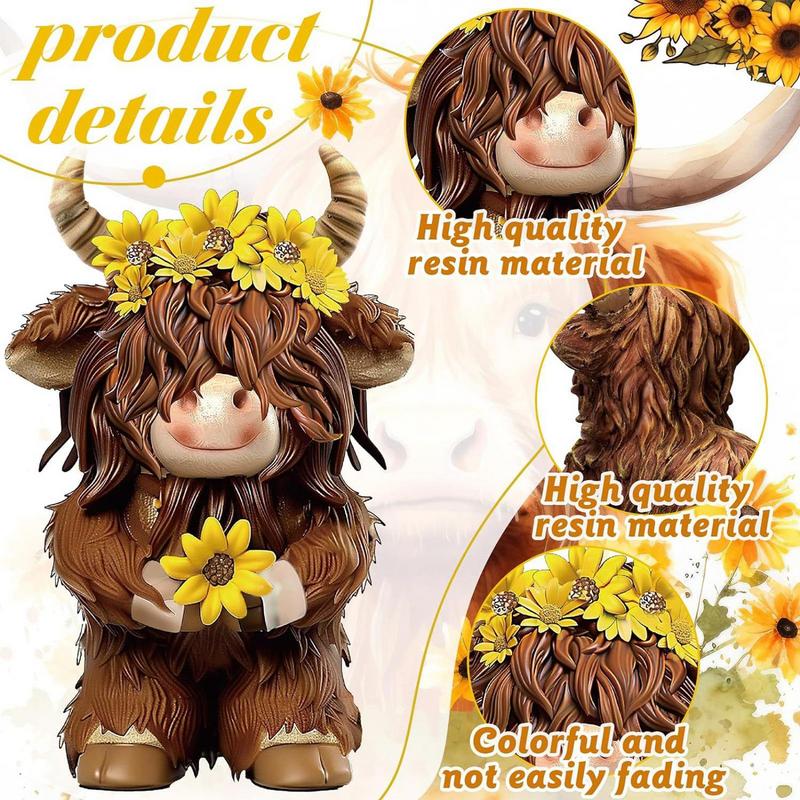 Highland Cow Figurine 3D Highland Cattle Statue Farmhouse Housewarming Decor Small Cute Brown Scottish Resin Figurine for