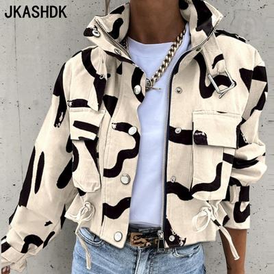 Damenmode Casual Farbblockdruck Herbst Winter Langarm Polokragen Jacken & Mäntel