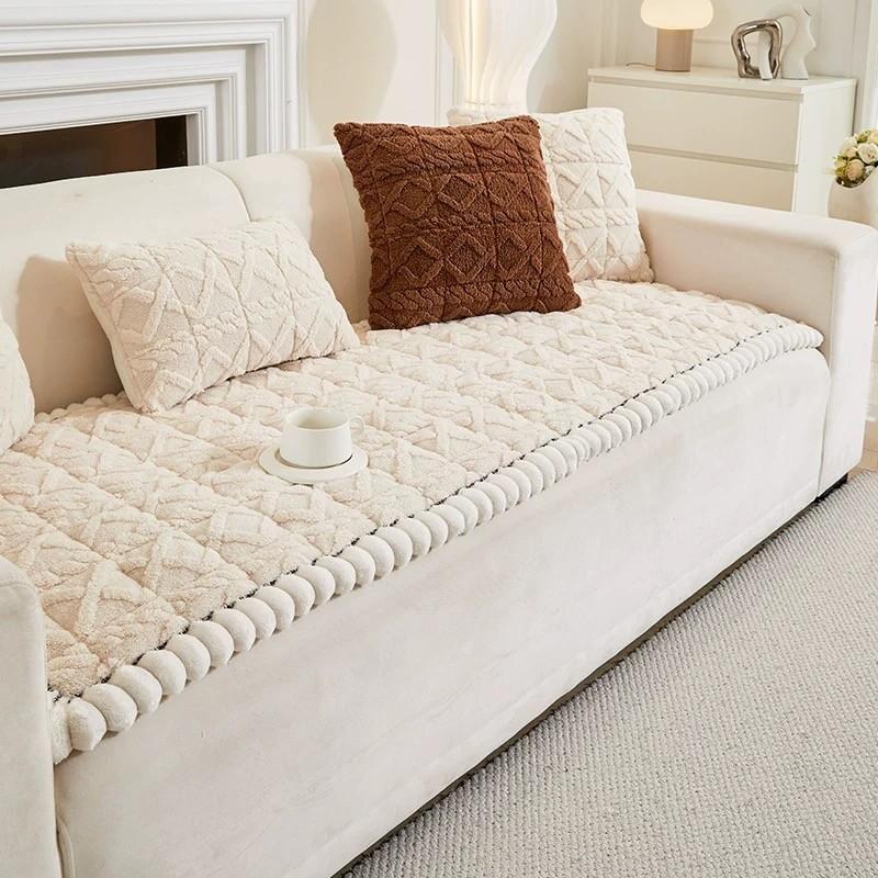 Solid Color Thicken Plush Sofa Cover Simple Furniture Protector Universal Non-slip Washable Couch Blanket for Living Room