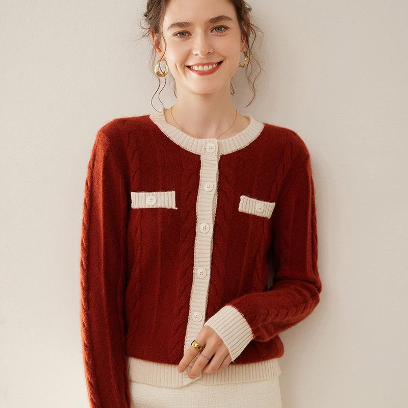 Women's Thick Cashmere Color Block Cardigan Sweater - Autumn/Winter Collection, Loose Fit, Round Neck