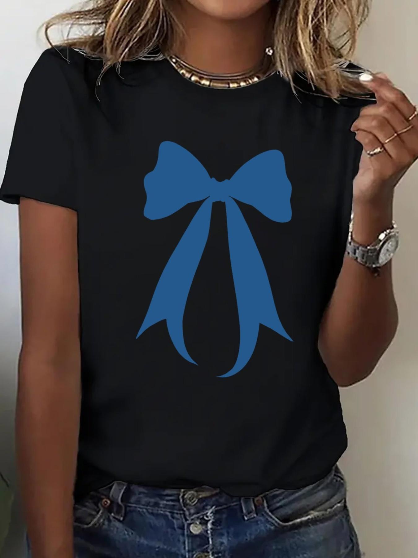 Blue Bow Print for Casual Short Sleeve Top for Women Crew Neck Sleeve TShirt Harajuku Short Sleeve Casual Aesthetic Clothes S
