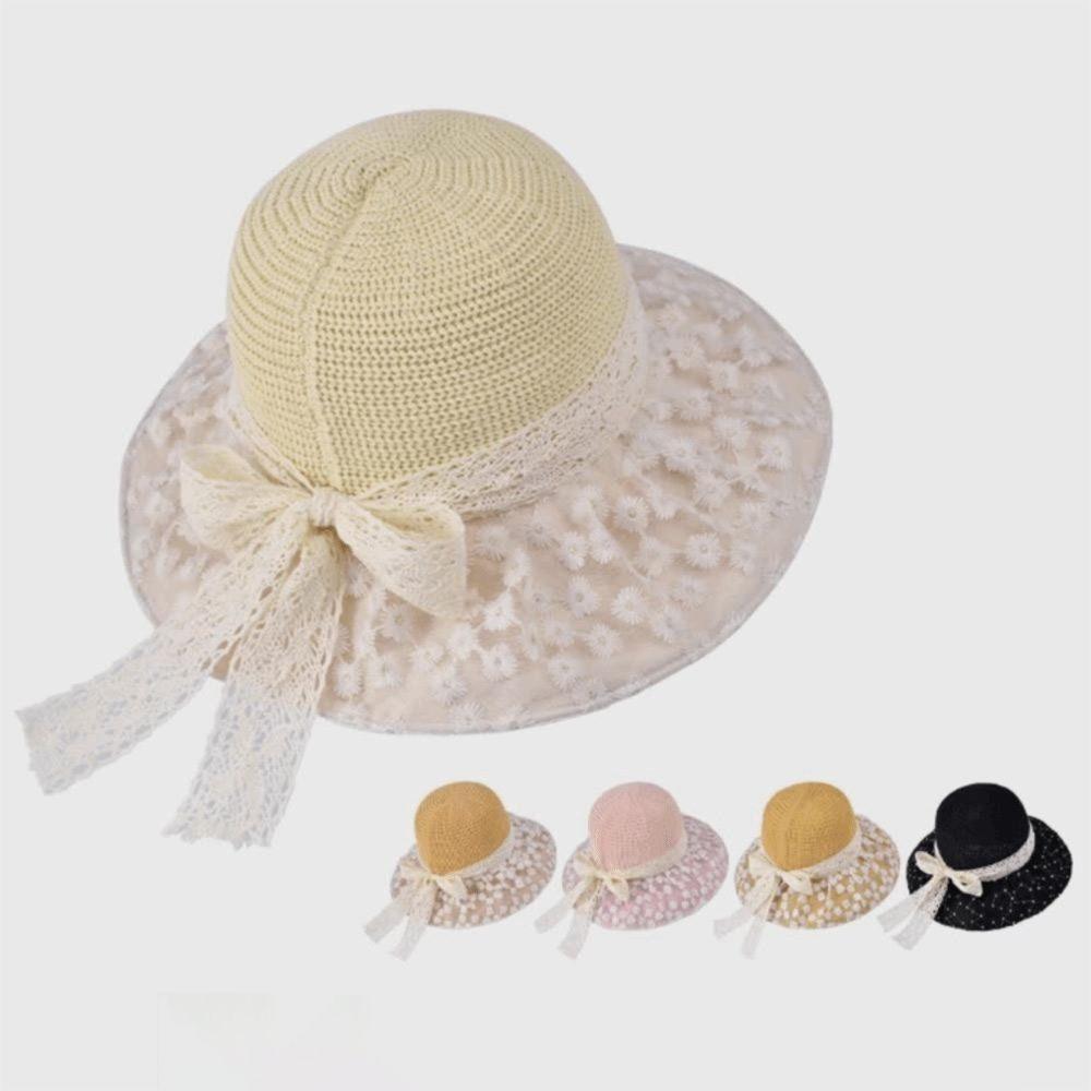 Lace Ribbon Bow Straw Bucket Hat Wide-Brim Fisherman Hat Elegant Beach Hat Outdoor Beach Travel