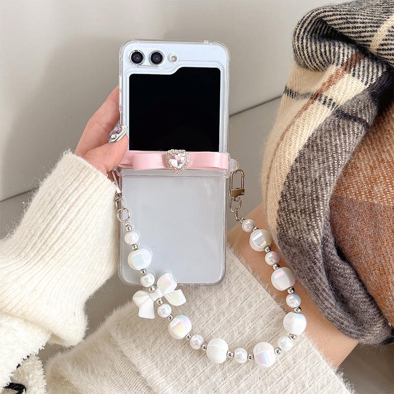 

Transparent for Samsung Zflip 6 Phone Case for W24flip Flip Flip Flip Folding Screen Handheld Chain Bow Love For Samsung ZFlip3