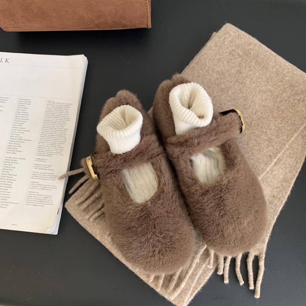 2025 Autumn and Winter New Square-headed Mink Fluff Fleece Guarantee One Word with Platform Ballet Beanie Women's Single Shoes Flat Bottom