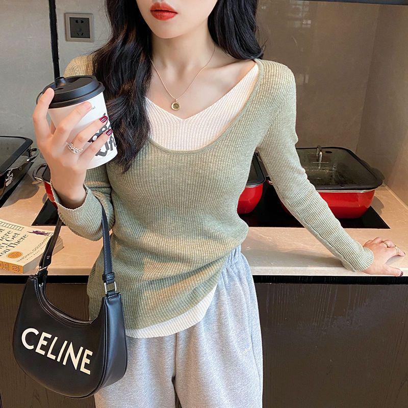 

Женский облегающий свитер с V-образным вырезом и цветными блоками, с пришитым внутренним слоем S (suggested for 75-95 jin)