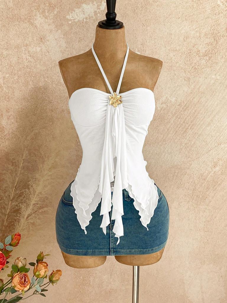 Women Solid Color Halter Backless Irregular Hem Mesh Camisole Top