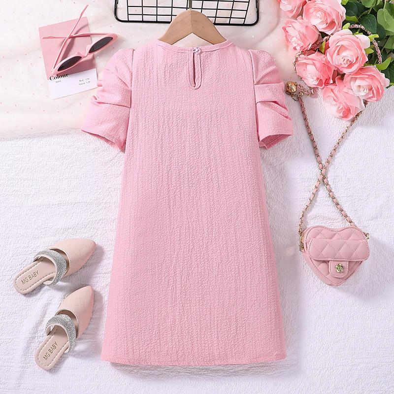 Letnia Odzież Dziecięca Sukienka dla Dziewczynki Urocza Sukienka Księżniczki z Bufiastymi Rękawami Różowa dla Małej Dziewczynki