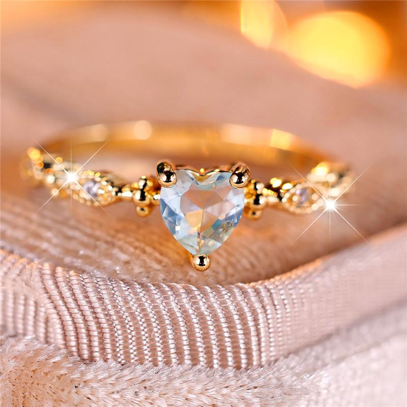 

Cute Female Water Blue Zircon Stone Ring Trendy Yellow Gold Color Heart Engagement Bride Wedding Jewelry For Women 10