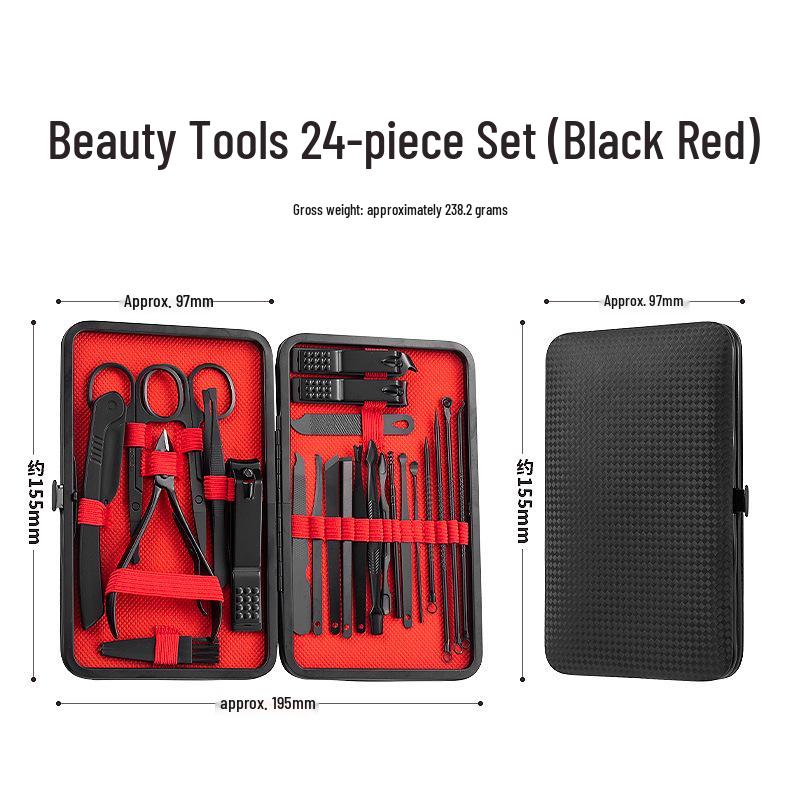 

Набор для маникюра из 24 предметов, черно-красный: Кусачки для ногтей, Пинцет, Ухочистка, Ножницы 24-piece set чёрный