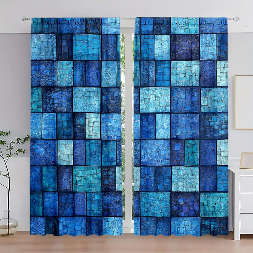 2pcs Retro Blue Mosaic Tiles Printed Curtain for Home Decor - Rod Pocket Window Treatment for Bedroom, Office, Kitchen