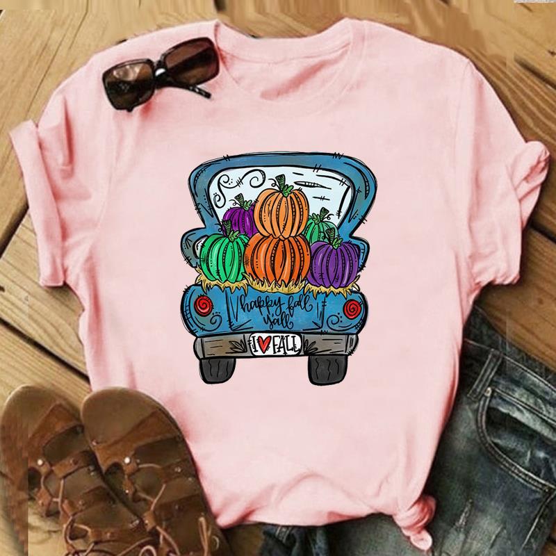 Autumn Maple Leaf Halloween Thanksgiving Print ShortSleeved TShirt European American Style Aesthetic Top for Unisex Women