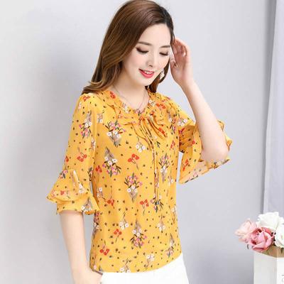 Neue Halbarmbluse für Damenmode Florales Chiffonhemd Schleife Rüschen Pullover Oberteil S-5XL