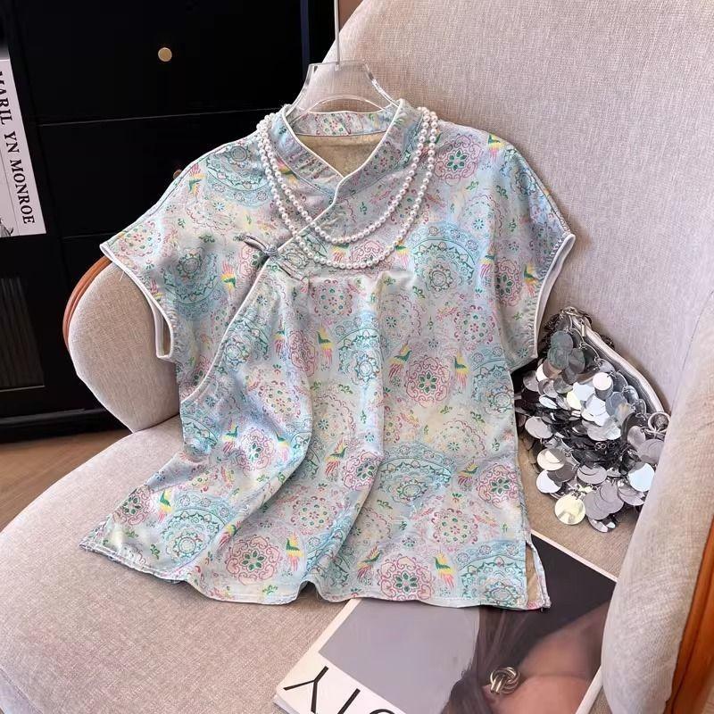 

Маленькая рубашка интернет-знаменитость ретро пуговица улучшенная рубашка ципао женская летняя рубашка с коротким рукавом футболка M [Recommended within 50kg]