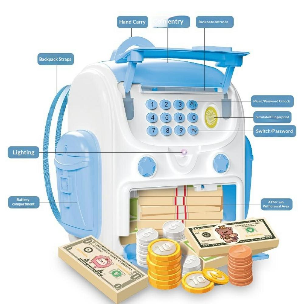 23529A/B Kids Backpack Piggy Bank Toy Auto-Roll Money Fingerprint ATM Musical Savings Box Gift with Password Lock for Children