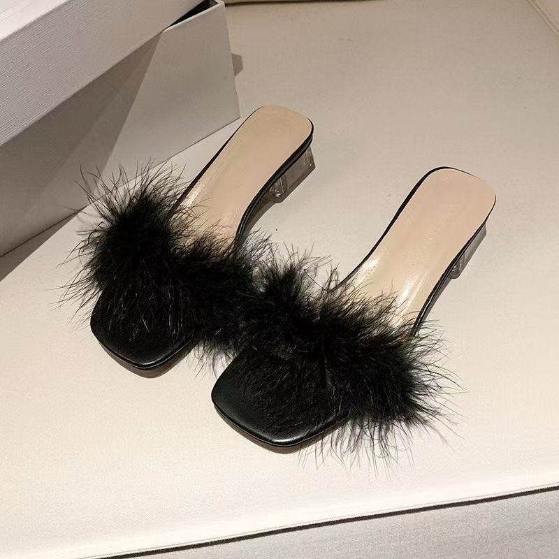 Small thick heel fluffy one-word slippers women's 2025 summer new French temperament versatile cool slippers high heels