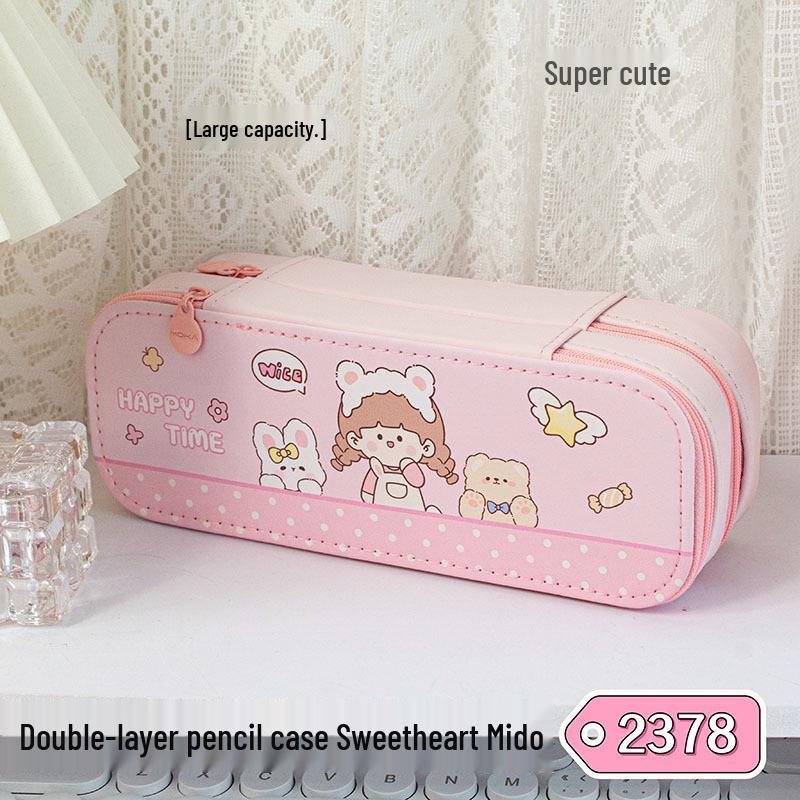 Cartoon Double-Layer Pencil Case: Large Capacity Stationery Box for Primary Students Double-Layer
