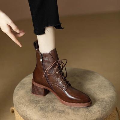 Heeled Shoes with Thick Soles, Pointed Toe, Lace-up Design, Side Zipper, Thick and High Heel, Short Boots