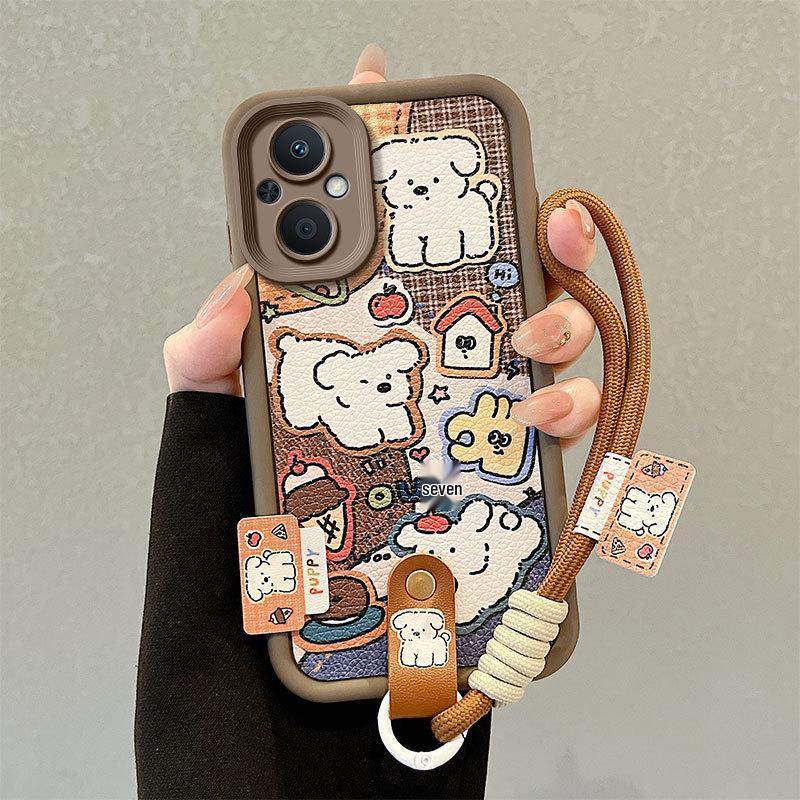 Lychee Pattern Puppy Phone Case with Cute Hand Strap for OPPO A58, A96, A17K, A3 PRO