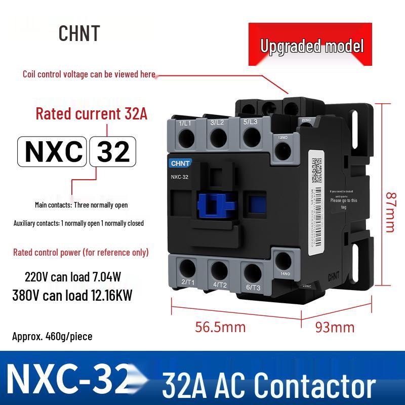 Zhengtai NXC AC Contactor 09-32A, Three-Phase 380V/Normally Open, Single-Phase 220V/Normally Closed, CJX2