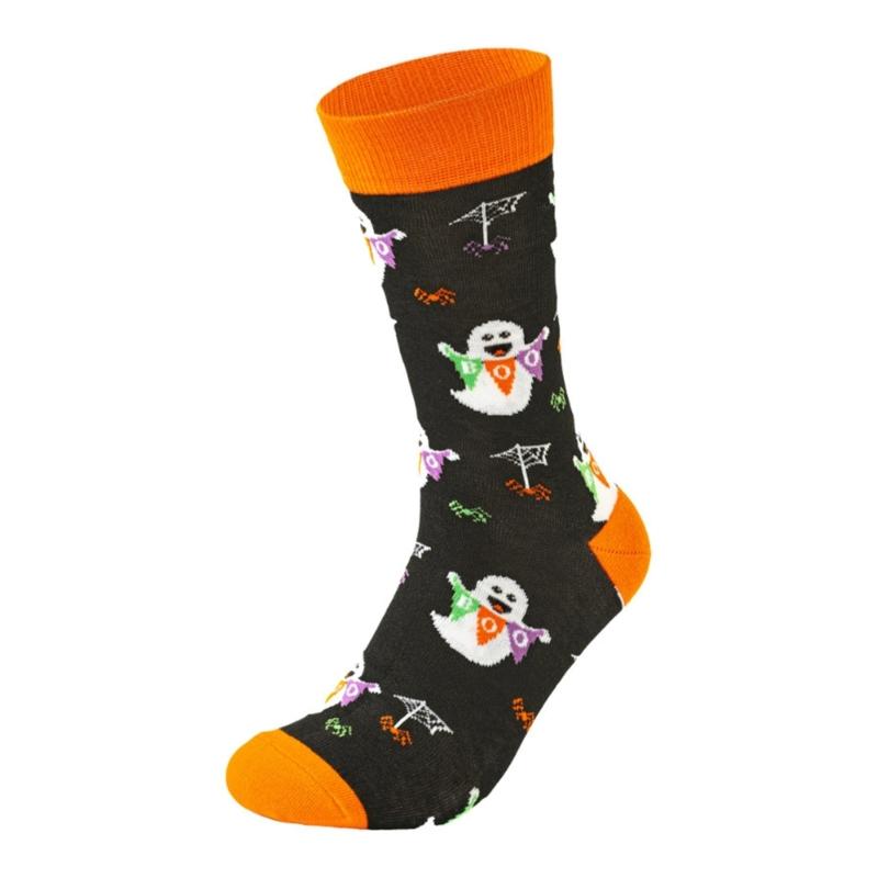 Halloween Themed Cotton Socks Elastic Cuffs Breathable Fabric Practical Wear Festive Ghosty Pumpkin Patterns
