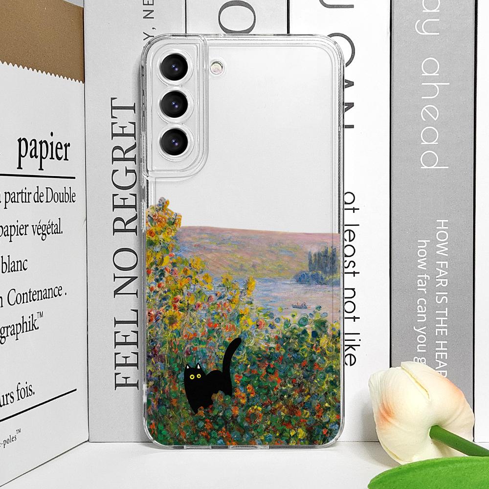 Vintage Oil Painting Van-Gogh Black Cat Phone Case for Samsung Galaxy A14 A16 A55 A54 A36 A53 A13 A15 A25 5G Scenery Clear Cover