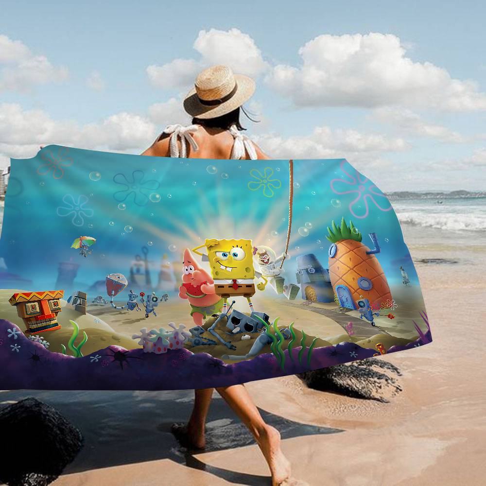 Cute S-Spongebobs Anime Microfiber Blanket Quick Drying Beach Towels Oversized Printing Super Absorbent Pool Towel Blanket