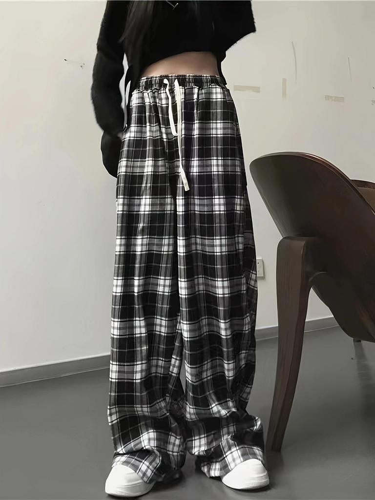 2026 Summer High-Waisted Plaid Loose Pants - Black and White