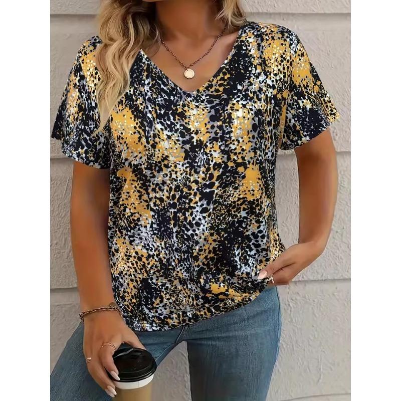 3D T-shirt Women Summer Casual Elegant Simple V-neck Short-sleeved Floral Retro Top Loose Casual Wear Ladies T-shirt