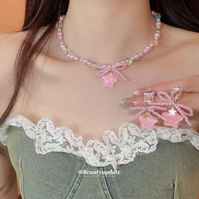 Bow Star Pearl Beaded Pendant Necklace Fresh Sweet Collarbone Chain Ins Niche Neck Chain Women