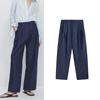 MD Autumn New Arrival Fashion Loose Plaid Linen Pleated Leisure Commute Blue Pleated Pants 5022722